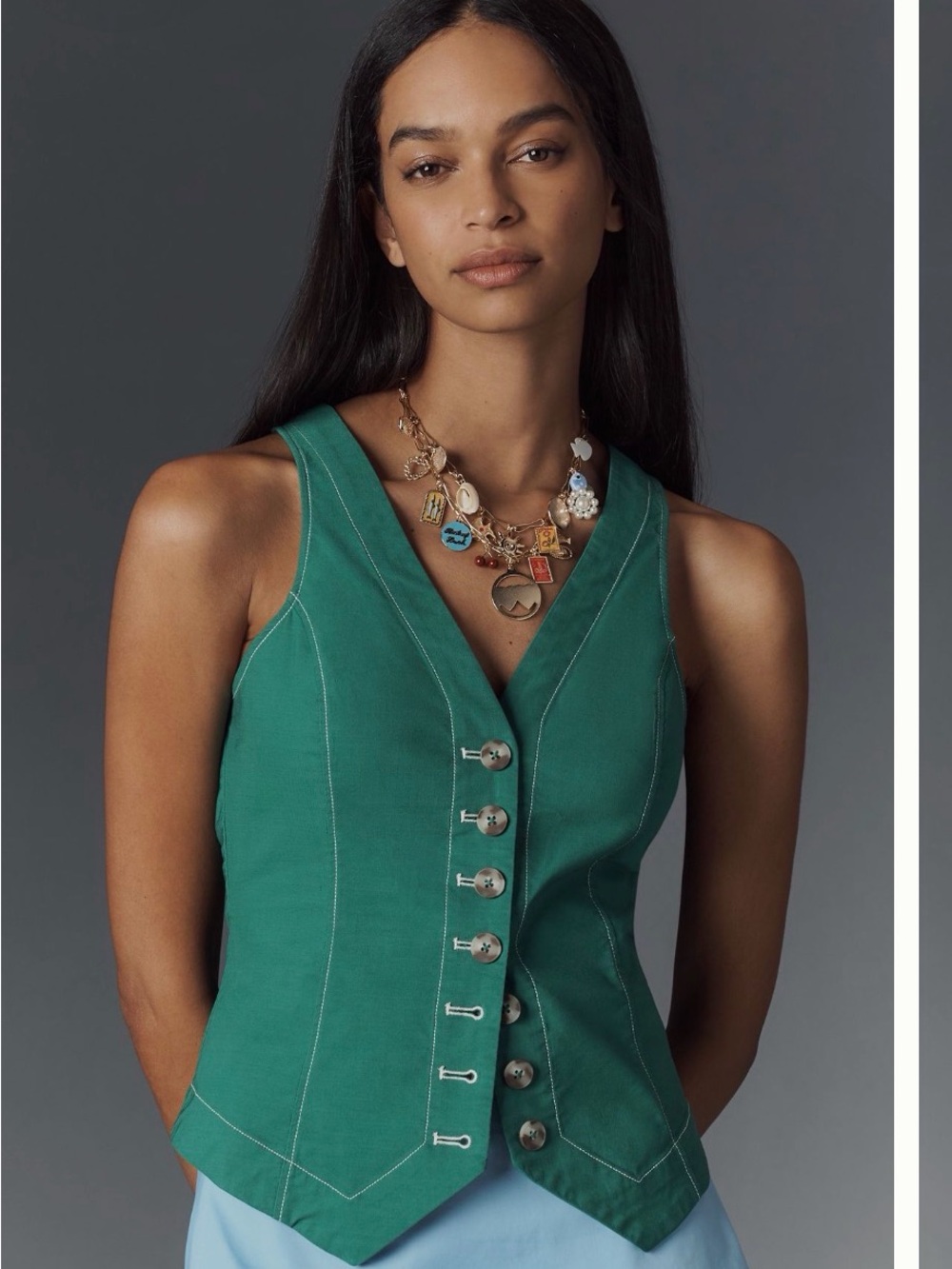 Green V-Neck Button Front Women's Vest